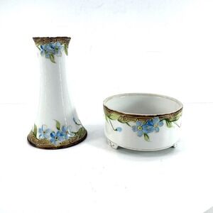 Antique Nippon Hand Painted Porcelain Vase & Footed Bowl Set Blue Floral Gold